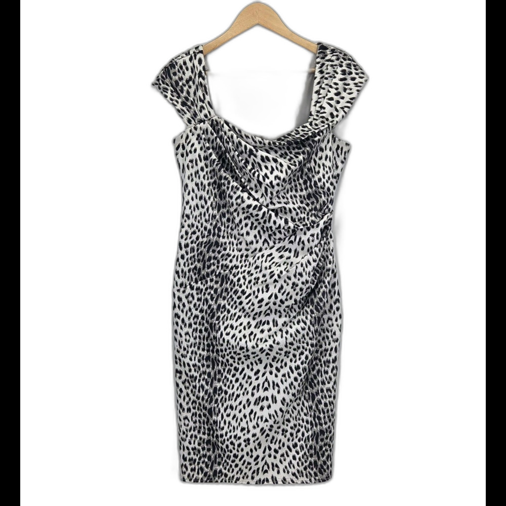 Tadashi Shoji Cocktail Dress Side Gathered Sheath Gray Animal Print Size 10